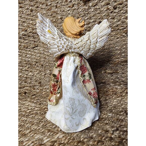 Beautiful Christmas Angel Tree Topper Gold Wings & Floral Gown Playing Harp 13" - Picture 4 of 10